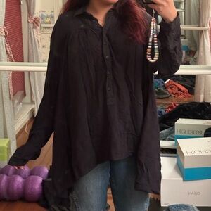 Free People Flowy Batwing Black Button-Down Shirt